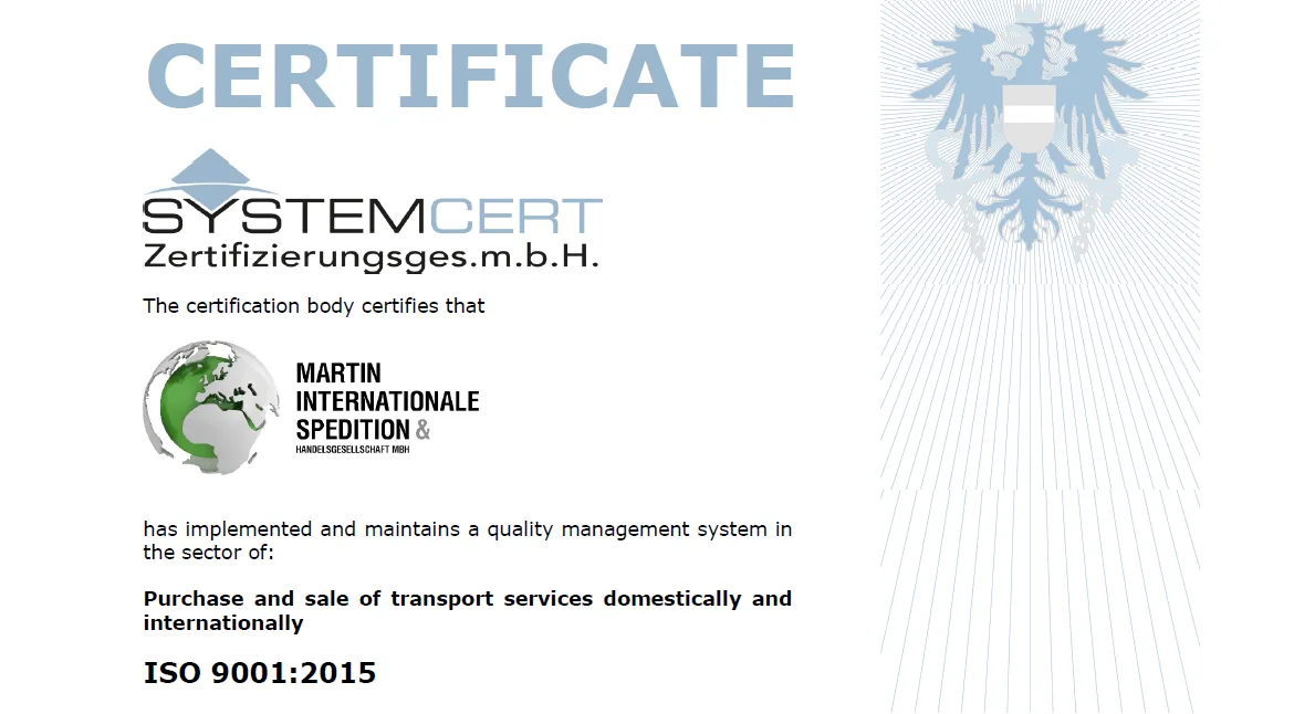 Ein Meilenstein f&uuml;r Qualit&auml;t: Die MARTIN Spedition ist jetzt ISO 9001:2015 zertifiziert